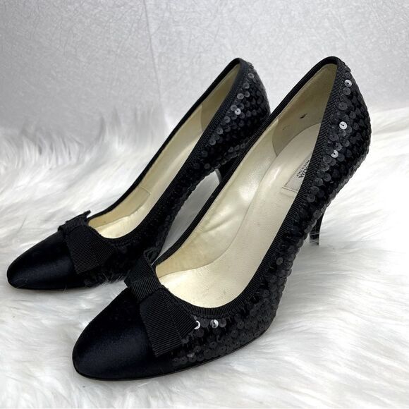 Prada Sequin Satin Bow Heels Black 36.5 - Picture 1 of 8
